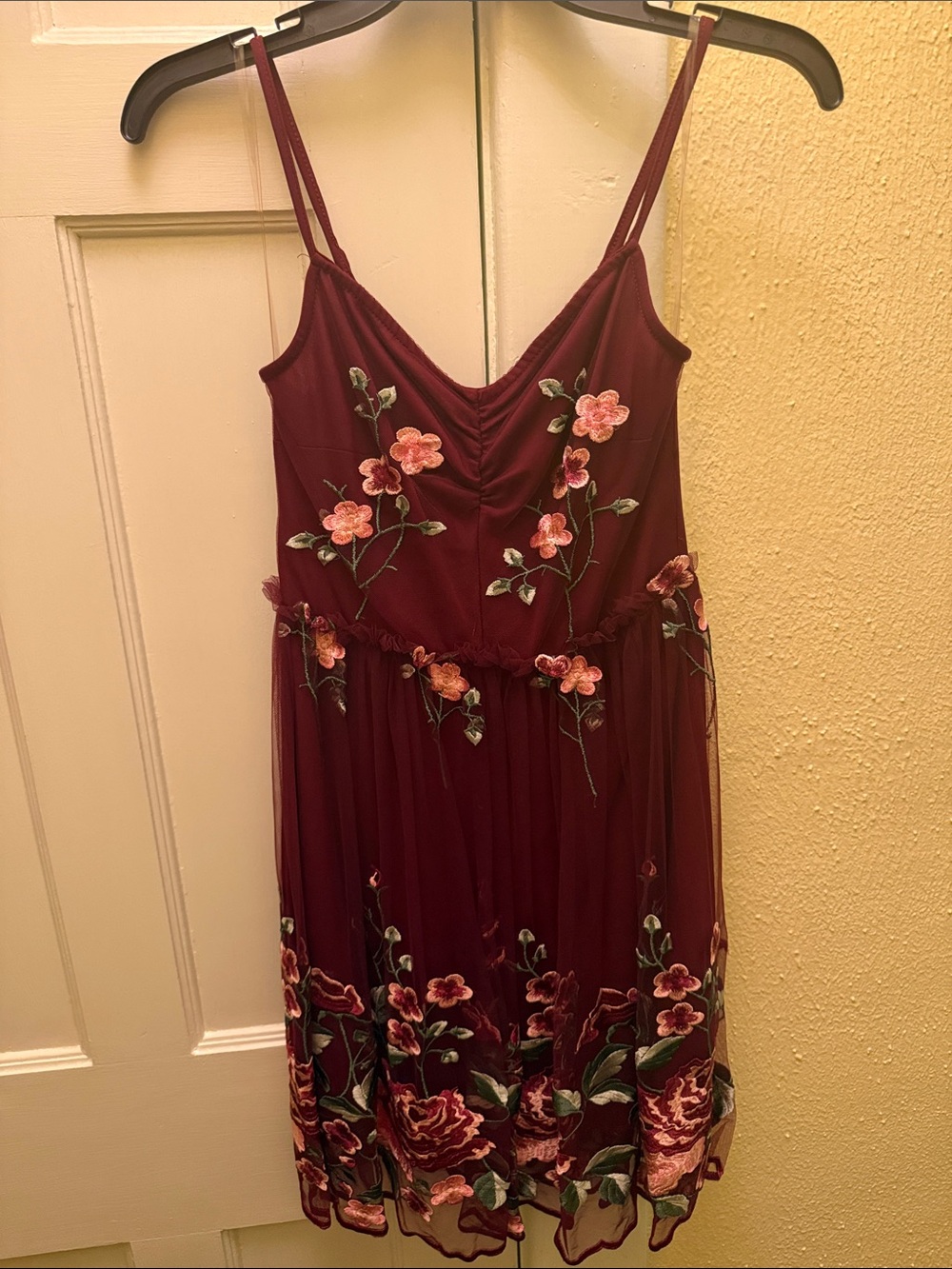 Embroidered Burgundy Midi Slip Dress with Floral Detail